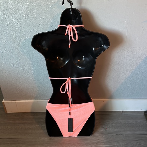 Orange coral velvet string top with high waist bottom set. - Picture 3 of 16